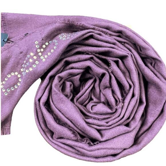 Bebe Cozy Soft Raw Edge Rhinestone Crystal Logo Scarf 68X20 Maroon Purple 68X20 - Picture 2 of 14